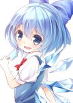  1girl blue_eyes blue_hair blush bow cirno face fang hair_ornament hair_ribbon ice ice_wings masaharu_(nuaa) melting open_mouth popsicle puffy_sleeves ribbon short_hair short_sleeves simple_background smile solo touhou upper_body vest white_background wings 