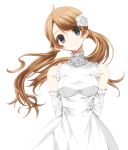  1girl bare_shoulders breasts brown_hair detached_sleeves dress flower grey_eyes hair_flower hair_ornament head_tilt looking_at_viewer misteor original simple_background smile solo twintails white_background white_dress 