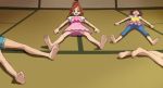  4girls :d akagi_towa amanogawa_kirara barefoot feet go!_princess_precure green_eyes haruno_haruka haruno_momoka haruyama_kazunori looking_at_viewer lying multiple_girls on_back open_mouth panties precure redhead smile underwear 