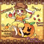  1girl animal_ears apple barefoot blonde_hair blush_stickers dango food fruit hat jack-o&#039;-lantern musical_note navel object_namesake pote_(ptkan) rabbit_ears red_eyes ringo_(touhou) solo strawberry touhou wagashi 