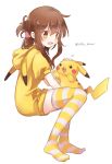  1girl :d alternate_costume brown_eyes brown_hair folded_ponytail inazuma_(kantai_collection) kantai_collection long_hair moca_blanc multicolored_legwear open_mouth pikachu pikachu_costume pokemon pokemon_(creature) ponytail short_sleeves simple_background smile striped striped_legwear twitter_username white_background 