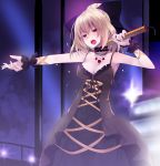  1girl adapted_costume alternate_costume arm_ribbon blonde_hair blush breasts brown_eyes choker cleavage crote dress hair_bun hair_ornament hair_ribbon highres jewelry kurodani_yamame layered_dress light necklace open_mouth outstretched_arm ribbon short_hair singing sleeveless solo touhou wrist_cuffs 
