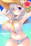  1girl armpits blue_eyes blush breasts character_name cleavage cleavage_cutout collarbone earrings flower groin hair_flower hair_ornament hair_over_one_eye hairclip hamakaze_(kantai_collection) hat jewelry kantai_collection large_breasts looking_at_viewer midriff nature navel ocean open_mouth pocopoco shirt short_hair short_shorts shorts silver_hair solo tied_shirt 