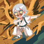  1boy funny_glasses getiao glasses japanese_clothes lowres male_focus one_knee open_mouth red-crowned_crane silver_hair solo sparkle touken_ranbu tsurumaru_kuninaga yellow_eyes 