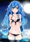  1girl bikini blue_hair front-tie_top green_eyes haegiwa highres long_hair moon original side-tie_bikini swimsuit tail water 