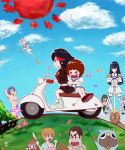  5girls 6+boys artist_name black_hair blue_hair brown_hair clouds commentary_request croquette dog driving faux_traditional_media fingerless_gloves flower gamagoori_ira gimanyu gloves green_hair guts_(kill_la_kill) hat highres inumuta_houka jakuzure_nonon junketsu kill_la_kill kiryuuin_satsuki mankanshoku_barazou mankanshoku_mako mankanshoku_matarou mankanshoku_sukuyo matoi_ryuuko mikisugi_aikurou motor_vehicle multiple_boys multiple_girls musical_note neckerchief pink_hair sanageyama_uzu school_uniform scooter senketsu serafuku shoes signature sky sneakers sun vehicle vespa 