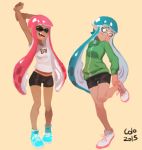  2girls arms_up bespectacled bike_shorts blue_hair colo_(nagrolaz) dark_skin domino_mask fangs full_body glasses inkling long_hair multiple_girls orange_eyes pink_hair pointy_ears shoes small_breasts sneakers splatoon stretch t-shirt tentacle_hair track_jacket twintails 