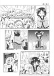  comic food fruit hair_ornament hakurei_reimu hat highres jeno kirisame_marisa mandarin_orange monochrome multiple_girls multiple_persona rumia short_hair touhou translation_request witch_hat 