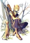  blonde_hair boots fingerless_gloves gloves grass gun lor968 meerkat original outdoors rifle sitting smile solo tree weapon white_background 