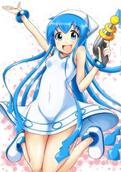  :d ankle_boots bare_shoulders blue_eyes blue_hair boots breasts covered_navel dress energy_gun finger_on_trigger hat hips ikamusume jumping kawa looking_at_viewer no_text open_mouth ray_gun shinryaku!_ikamusume smile squid_hat sundress tentacle_hair thighs weapon wide_hips 