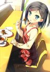  1girl absurdres black_hair black_legwear blue_eyes casual cup eating hentai_ouji_to_warawanai_neko. highres kantoku long_sleeves official_art open_mouth pancake pantyhose plaid plate short_hair spoon tagme tea teacup tsutsukakushi_tsukiko 