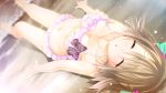  1girl artist_request beach bikini brown_hair closed_eyes dutch_angle ecchi_de_hentai!_yakimochi_ojou-sama!! frilled_bikini frills game_cg hair_bobbles hair_ornament highres lying on_back orimiya_meru short_hair swimsuit water 