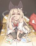  1girl animal_ears bell blonde_hair bow brown_eyes drawing fang fox_ears fox_tail long_hair lyu original pillow solo tail thigh-highs very_long_hair 