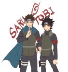  1boy 1girl armband black_hair brown_hair forehead_protector grin hand_on_hip hand_seal highres looking_at_viewer naruto noeunjung93 red_eyes sarutobi_konohamaru sarutobi_mirai scarf short_hair smile 