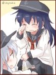  2girls akatsuki_(kantai_collection) anchor_symbol closed_eyes commentary_request crying flat_cap hat hibiki_(kantai_collection) kantai_collection long_hair multiple_girls neckerchief open_mouth peeing peeing_self purple_hair school_uniform serafuku silver_hair skirt skirt_lift suka tears twitter_username wavy_mouth wiping_tears 