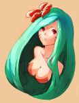  1girl aqua_hair breasts cleavage cookie_run flower hair_flower hair_ornament large_breasts long_hair looking_at_viewer red_eyes tiger_lily_cookie very_long_hair yabby 