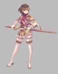  1girl braid brown_eyes brown_hair gloves highres ryouku short_hair solo sword thigh-highs weapon 