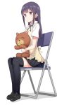  1girl apron black_legwear chair daisy_(working!!) folding_chair full_body highres long_hair object_hug purple_hair shoes short_sleeves simple_background sitting skirt smile solo stuffed_animal stuffed_toy teddy_bear thigh-highs tsurime violet_eyes waitress white_background working!! yamada_aoi zettai_ryouiki 