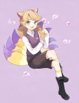  1boy animal_ears boots brown_hair fox_ears fox_tail green_eyes heart kemonomimi_mode kyuubi kyuubi_(youkai_watch) male_focus mei_(maysroom) multiple_tails open_mouth personification purple_background shorts simple_background sitting solo sweater_vest tail youkai youkai_watch 