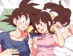  1boy 1girl black_hair blush breasts chichi china_dress chinese_clothes dragon_ball dragon_ball_z husband_and_wife long_hair on_bed one_eye_closed open_mouth pillow ponytail short_hair smile son_gokuu sweatdrop tkgsize 