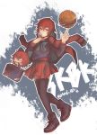  1girl alternate_costume basketball bow bubblegum cape disembodied_head hair_bow highres jacket_on_shoulders red_eyes redhead school_uniform sekibanki short_hair skirt solo suitcase touhou vento yukkuri_shiteitte_ne 