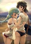  2girls aqua_hair ass bag bare_shoulders beach bikini black_hair blue_eyes blush braid clouds dress duffel_bag finger_to_mouth long_hair looking_at_viewer looking_back multiple_girls niina_ryou open_mouth original sand shirt shirt_grab short_hair single_braid sky smile swimsuit violet_eyes water 