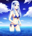  1girl bikini blue_eyes blue_hair feet_in_water kay_(utd) long_hair original soaking_feet standing swimsuit water 