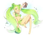  1girl akiru_(igel-flutter) anklet barefoot bikini blush breasts cleavage cookie_run full_body gradient_hair green green_bikini green_eyes green_hair hair_ornament hairclip jewelry lime_cookie long_hair multicolored_hair one_eye_closed sandals_removed solo swimsuit twintails twitter_username very_long_hair 