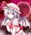  1girl ascot bat_wings blouse blush brooch highres jewelry looking_at_viewer moon pointing pointing_at_self red_eyes red_moon reimei_(r758120518) remilia_scarlet sash short_hair silver_hair skirt skirt_set smile solo touhou wings wrist_cuffs 
