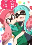  2girls :d blue_hair blush breasts cleavage cover cover_page domino_mask doujin_cover eromame fang heart hoodie hug inkling long_hair long_sleeves looking_away looking_to_the_side mask multiple_girls open_mouth pink_eyes pink_hair smile splatoon yuri zipper 