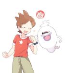  1boy ^_^ amano_keita belt brown_hair closed_eyes ghost grin mei_(maysroom) one_eye_closed open_mouth purple_lips red_shirt shirt short_hair simple_background smile star t-shirt watch watch whisper_(youkai_watch) white_background youkai youkai_watch 