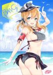  1girl adapted_costume anchor_hair_ornament bikini blonde_hair breasts gloves hair_ornament hat kaguyuzu kantai_collection long_hair open_mouth peaked_cap prinz_eugen_(kantai_collection) smile solo swimsuit twintails under_boob 