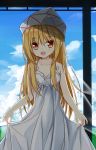  1girl bare_arms bare_shoulders blonde_hair blue_sky brown_eyes clouds collarbone commentary_request curtsey dress fairy_wings hat lily_white long_hair open_mouth pointy_ears sky sleeveless sleeveless_dress smile solo sundress touhou very_long_hair wings yuuhagi_(amaretto-no-natsu) 