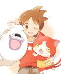  1boy amano_keita belt brown_eyes brown_hair cat closed_eyes fangs ghost jibanyan mei_(maysroom) multiple_tails notched_ear one_eye_closed open_mouth purple_lips red_shirt shirt short_hair star t-shirt tail two_tails whisper_(youkai_watch) white_background youkai youkai_watch 