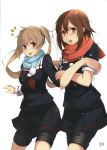  absurdres black_shirt blush brown_eyes brown_hair cold crossed_arms hair_ribbon highres kantai_collection kujou_ichiso light_brown_hair long_hair murasame_(kantai_collection) official_art orange_eyes red_scarf ribbon scarf school_uniform serafuku shiratsuyu_(kantai_collection) shirt short_hair snot twintails 