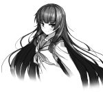 1girl 90i highres long_hair looking_at_viewer monochrome school_uniform serafuku simple_background smile solo white_background 