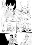  2girls 4koma ahoge blush breasts comic commentary_request dress grin horns japanese_clothes jumping kaga_(kantai_collection) kantai_collection long_hair mittens monochrome multiple_girls northern_ocean_hime open_mouth pale_skin shinkaisei-kan short_hair shoryutei side_ponytail simple_background skirt sleeveless sleeveless_dress smile translation_request white_background white_dress white_hair white_skin 
