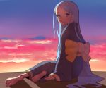  1girl arm_support barefoot blue_eyes blue_hair clouds hasukawa_isaburou japanese_clothes kimono looking_back original sky smile soles solo sunset 