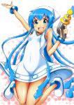  1girl :d ankle_boots bare_shoulders blue_eyes blue_hair boots breasts covered_navel dress energy_gun finger_on_trigger hat hips ikamusume jumping kawa long_hair looking_at_viewer no_text open_mouth ray_gun shinryaku!_ikamusume smile solo squid_hat sundress tan tentacle_hair thighs very_long_hair weapon wide_hips 