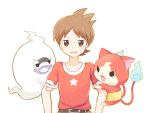  1boy amano_keita belt brown_eyes brown_hair cat clenched_teeth ghost jibanyan mei_(maysroom) multiple_tails notched_ear open_mouth purple_lips red_shirt shirt short_hair star t-shirt tail two_tails whisper_(youkai_watch) white_background youkai youkai_watch 