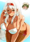  2girls bikini breasts brown_eyes dark_skin hairband kantai_collection large_breasts leaning_forward long_hair multiple_girls perepere-kun shoukaku_(kantai_collection) silver_hair swimsuit tan twintails white_hair zuikaku_(kantai_collection) 