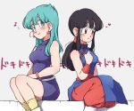  2girls belt black_hair blue_eyes blue_hair blush boots breasts bulma chichi china_dress chinese_clothes dragon_ball dragon_ball_z dress earrings heart jewelry long_hair multiple_girls musical_note ponytail short_dress smile tkgsize 