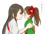  2girls akagi_(kantai_collection) amagi_(kantai_collection) arm_holding blush brown_hair delusion_empire flower frown hair_flower hair_ornament japanese_clothes kantai_collection long_hair multiple_girls smile staring translation_request younger 