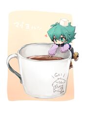  1boy blush cup green_eyes green_hair heart johan_andersen long_sleeves male_focus miniboy mug no_pupils open_mouth short_hair solo sugar_cube tobi_(one) yuu-gi-ou yuu-gi-ou_gx 