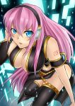 1girl black_legwear blue_eyes blush boots breasts center_opening cleavage detached_sleeves headphones headset long_hair long_skirt looking_at_viewer glasses_man megurine_luka navel no_panties pink_hair side_slit skirt smile solo thigh-highs vocaloid 