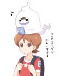  1boy amano_keita backpack bag brown_eyes brown_hair ghost mei_(maysroom) musical_note purple_lips quaver randoseru red_shirt shirt short_hair simple_background smile star t-shirt tablet_pc translation_request upper_body whisper_(youkai_watch) white_background youkai youkai_pad youkai_watch 