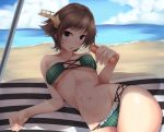  beach beach_towel bikini black_eyes bottle breasts brown_hair chestnut_mouth clenched_hand clouds collarbone headgear hiei_(kantai_collection) hips holding horizon kantai_collection looking_at_viewer lying navel nksk ocean shade spill strapless striped swimsuit under_boob water water_bottle 