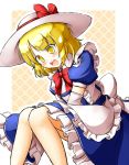  1girl aka_tawashi blonde_hair blush bow elbow_gloves frills gloves hat hat_ribbon kana_anaberal open_mouth puffy_sleeves ribbon short_hair short_sleeves solo sweatdrop touhou touhou_(pc-98) white_gloves yellow_eyes 