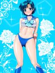  anzu_(onelelee) arm_behind_back bishoujo_senshi_sailor_moon blue blue_background blue_boots blue_eyes blue_hair blue_panties boots brooch choker earrings floral_background jewelry knee_boots mizuno_ami panties ribbon sailor_mercury smile sparkle underwear 