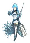  1girl asahashi_tsuyu blue_eyes blue_hair dress ice original solo sword thigh-highs weapon zettai_ryouiki 